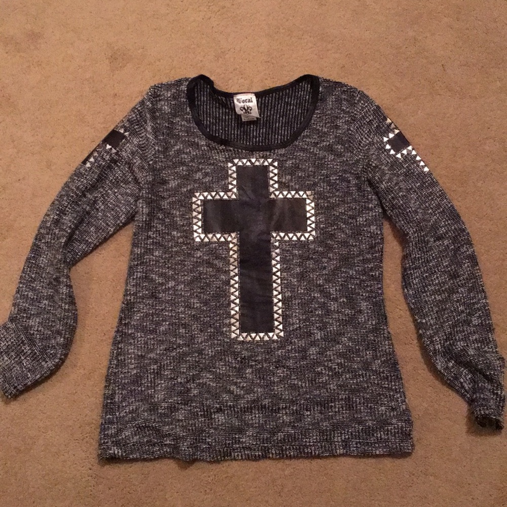Wool-Blend Black & Gray Cross Pullover Long Sleeve Tee